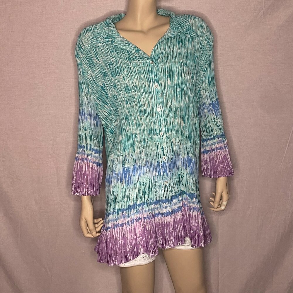 Maggie Barnes Blue Print Long Sleeve Flare Button-Up Blouse Size 3XL